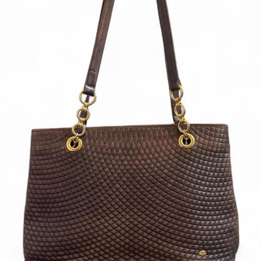 Bally Brown Quilted Leather Chain Shoulder Tote Bag Gold Hardware Large